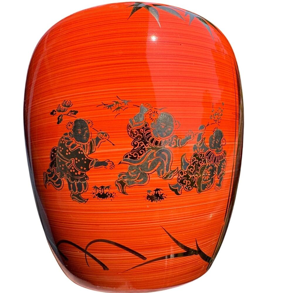 Vintage Japanese Orange Porcelain Ginger Jar Vase Gold Children Bamboo Decor